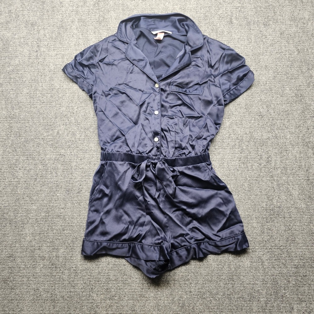 Victorias Secret Navy Blue Satin Romper Short Sleeve Ruffle Hem XS